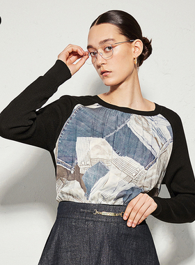 播商场同款黑标系列设计拼接针织衫女24秋薄款毛衣BDR3SD2003