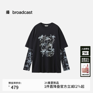 播假两件宽松长袖T恤女26春夏新款休闲印花上衣DDT1YD55051
