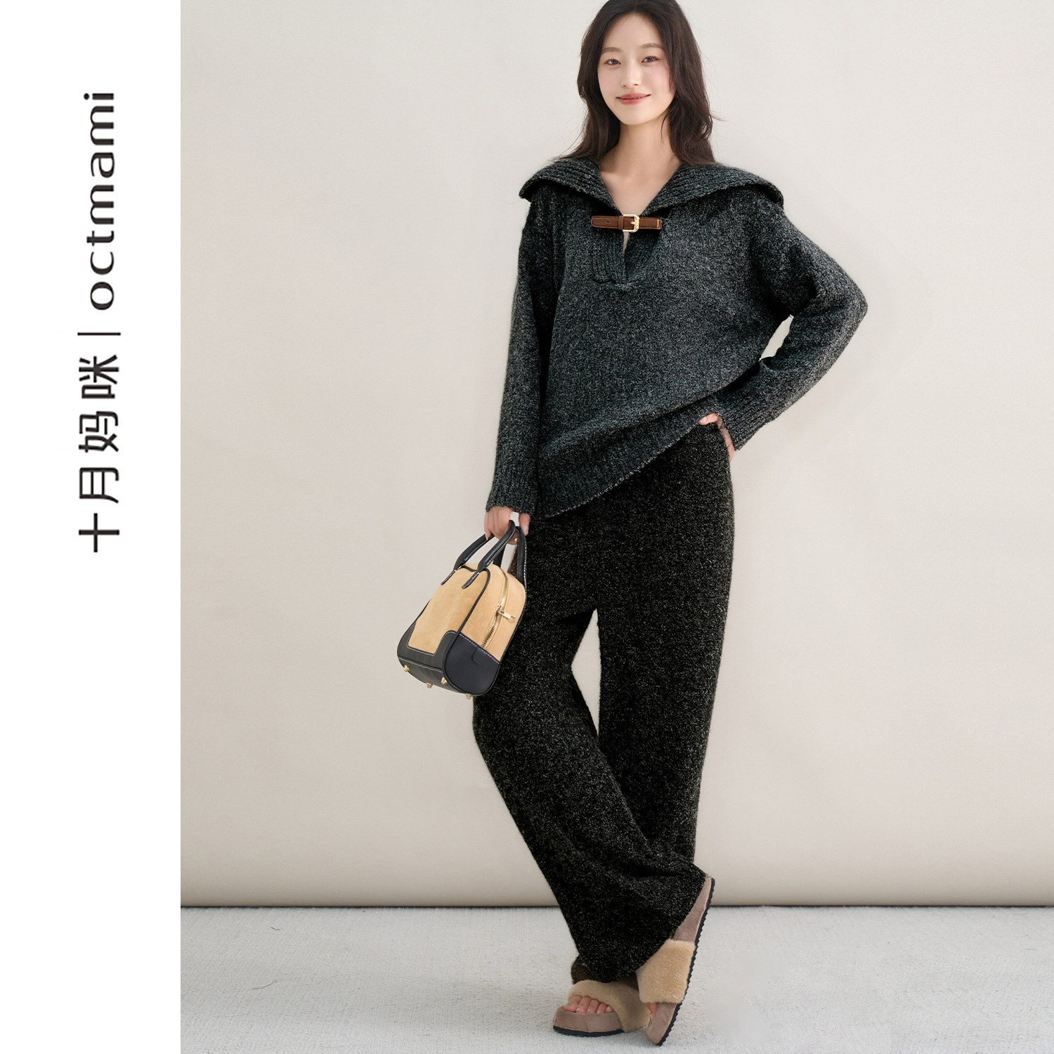 十月妈咪孕妇套装2025新款冬季外穿宽松大翻领针织上衣两件套冬装