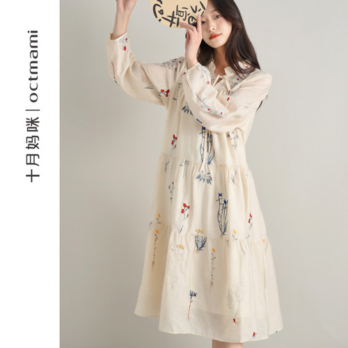 十月妈咪国风绣花长袖连衣裙