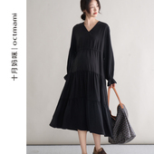 裙春装 腰部抽绳宽松长袖 外穿V领长袖 十月妈咪孕妇连衣裙春秋新款