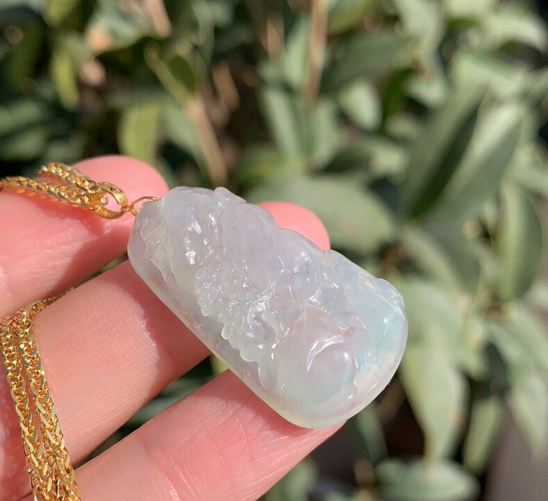 杨玉家缅甸天然A货翡翠冰种底色山水18K黄金扣锁骨吊坠证书包邮新