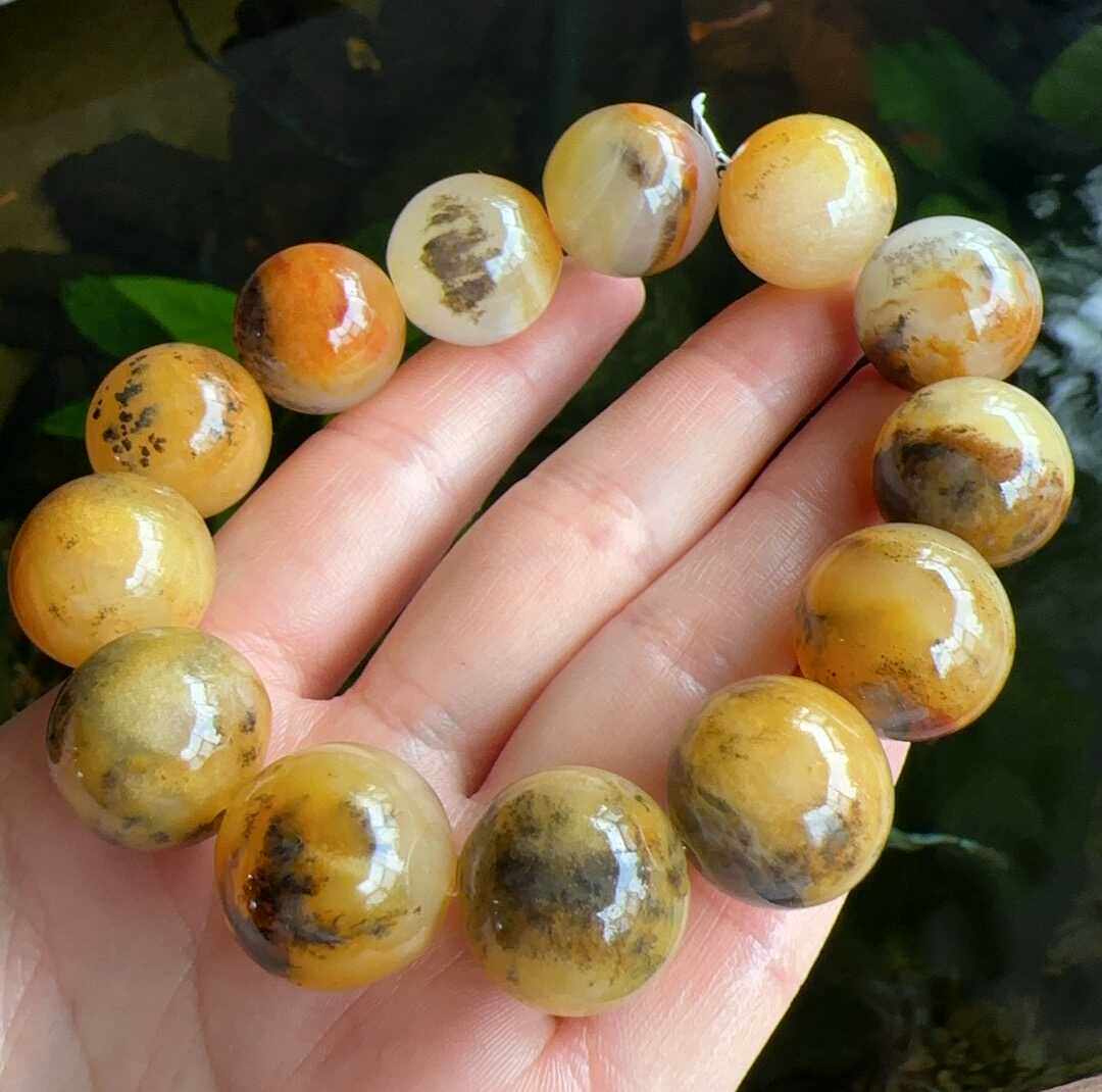 杨玉家云南天然黄龙玉鸡油黄水草花17.5mm男圆珠手串念珠微瑕证书