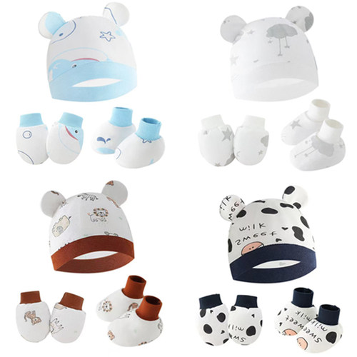 热销新生儿纯棉胎帽3件套防抓手套脚套婴儿用品帽手脚套休闲帽子