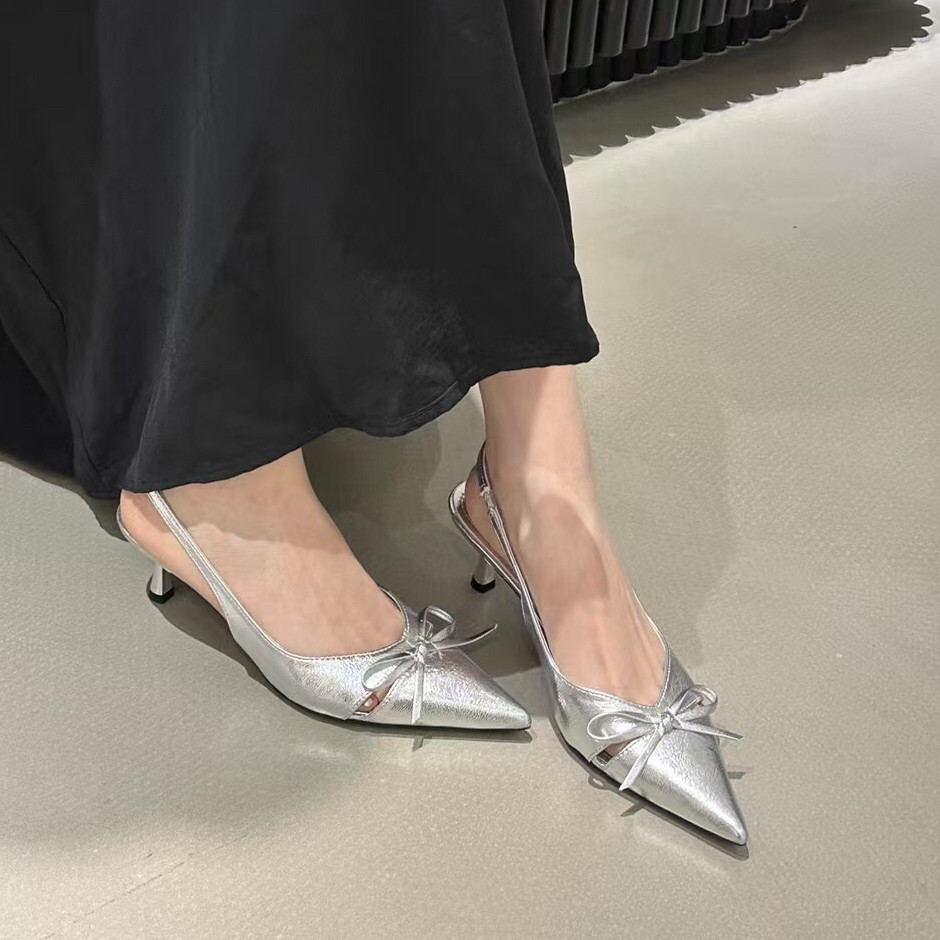 2025夏季新款尖头细跟低跟细跟高跟鞋后空蝴蝶结通勤浅口女单鞋子,女鞋,时装凉鞋,淘宝优惠券,粉丝福利购,淘宝优惠卷