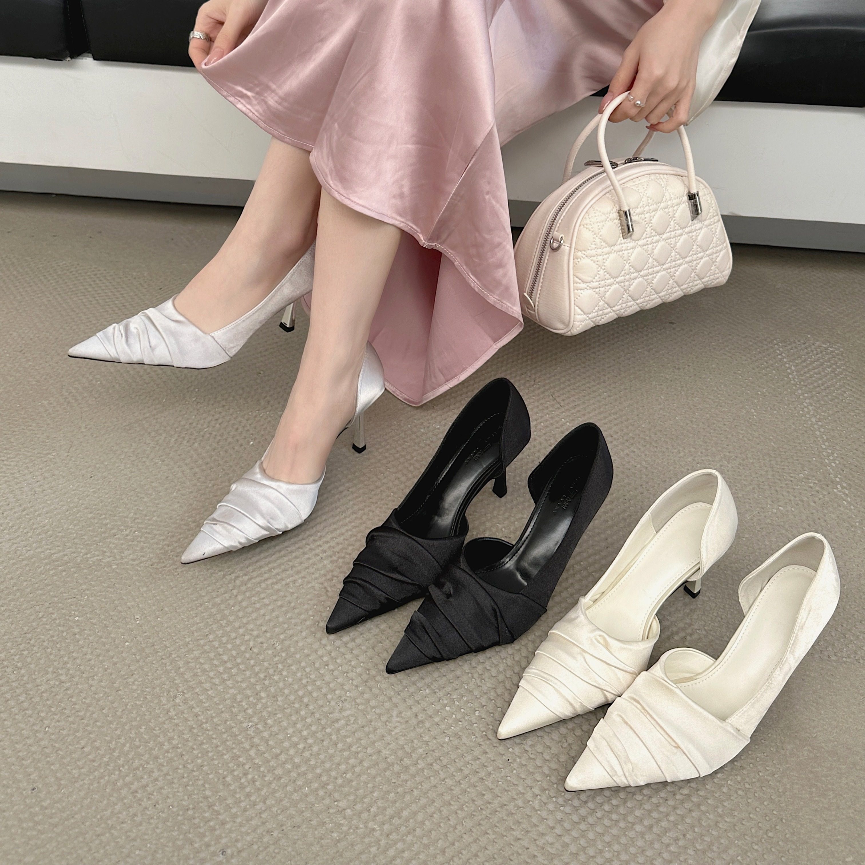 2025春夏季新款尖头细跟绸缎面高跟鞋褶皱细跟职业女凉鞋浅口单鞋,女鞋,时装凉鞋,淘宝优惠券,粉丝福利购,淘宝优惠卷