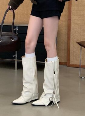 秋冬尖头坡跟厚底绒面骑士长靴女