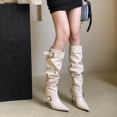 2024秋冬新款 皮带扣细跟中跟高跟长靴褶皱女靴堆堆靴马丁靴西部靴