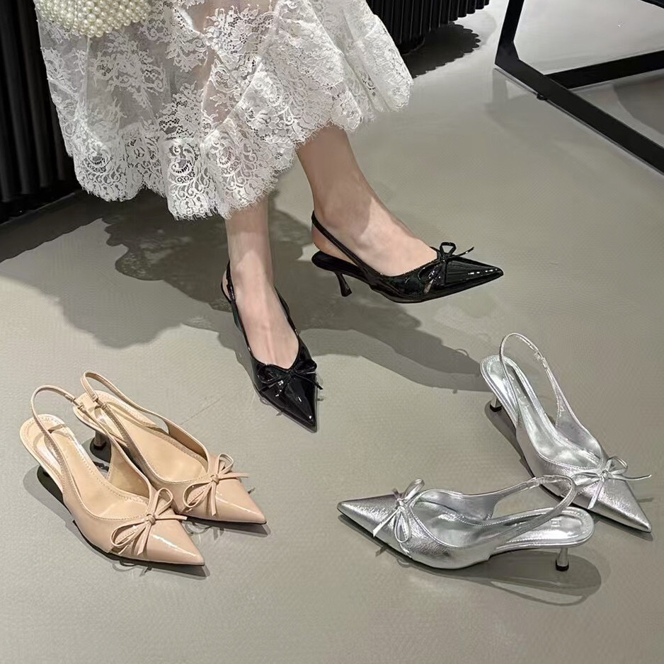 2025夏季新款尖头细跟低跟细跟高跟鞋后空蝴蝶结通勤浅口女单鞋子,女鞋,时装凉鞋,淘宝优惠券,粉丝福利购,淘宝优惠卷
