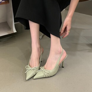 2026早春夏季新款细跟高跟鞋尖头蝴蝶结后绊带绸缎面女单鞋凉鞋子