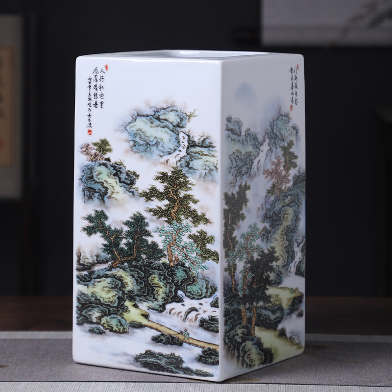景德镇陶瓷器方形插花瓶中式家居客厅酒柜玄关四方镶器装饰品摆件