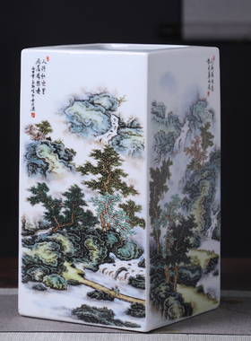 景德镇陶瓷器方形插花瓶中式家居客厅酒柜玄关四方镶器装饰品摆件