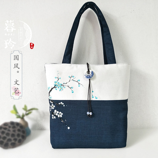 暮玲大容量森系文艺中国风古风汉服学生帆布书包手提布包单肩包女