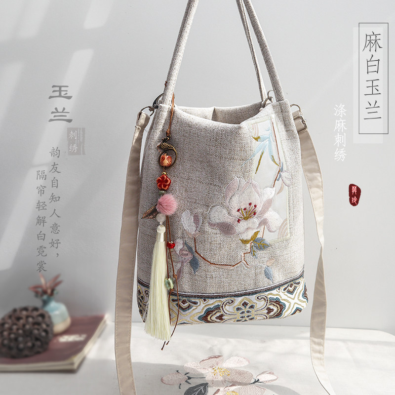 夏上新中国风复古森系文艺古风汉服刺绣拉链帆布手拎斜挎水桶包