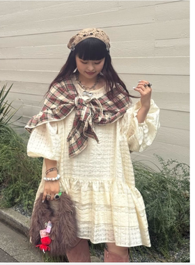 CP2025秋季 重工氛围感暗格系带蝴蝶结微蓬感连衣裙OP