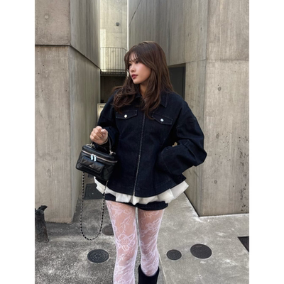 chico2026春季 孤品 斗篷式收腰裙摆短款牛仔PU皮外套