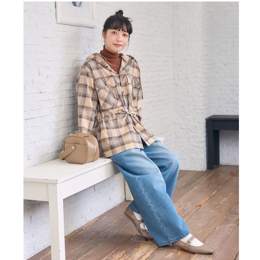 FS2025冬季 复古磨毛格纹配色连帽收腰休闲衬衫