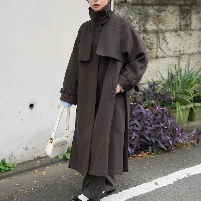 FS2024冬季 气质款斗篷式小皮扣长款毛呢大衣QC