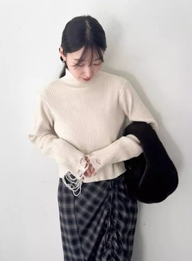 kas2024冬季 温柔半高领个性破洞设计坑条针织衫