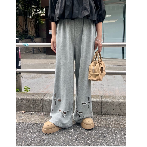 kas2026春夏 裤脚镂空花朵松紧腰系带休闲直筒长裤