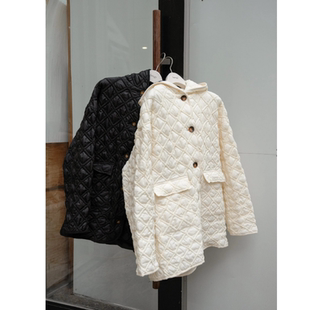 law2025秋冬 宽松棉衣 轻便2way领刺绣菱格中长款