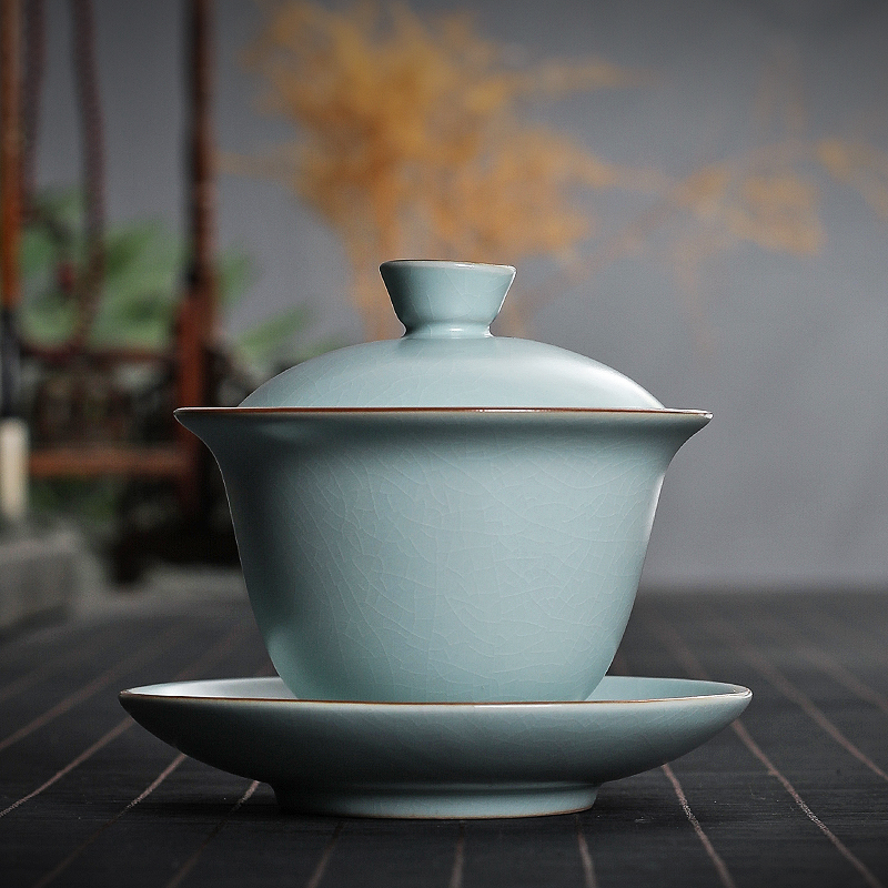 龙泉青瓷三才盖碗茶杯单个