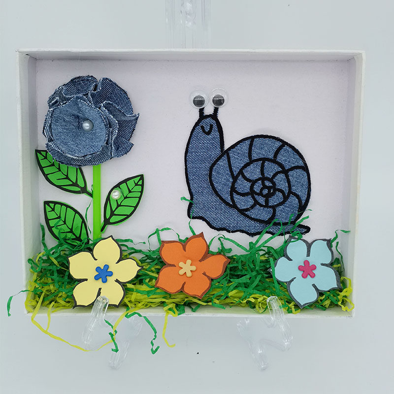 变废为宝手工 创意美术 牛仔布鞋盒盖 蜗牛布艺贴画 橱窗设计