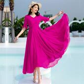 荷叶袖 夏季 新款 雪纺连衣裙女气质V领宽松显瘦高腰大摆跳舞长裙子