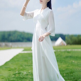 民族风绣花雪纺连衣裙女改良汉服旗袍修身 高端时尚 长裙子 新款 夏季