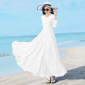 春夏新款 跳舞裙子 中长款 长袖 雪纺连衣裙女双层大摆显瘦沙滩裙大码