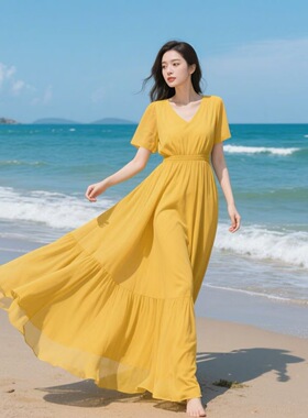 夏季新款黄色短袖雪纺连衣裙女气质V领高腰显瘦海边度假沙滩长裙