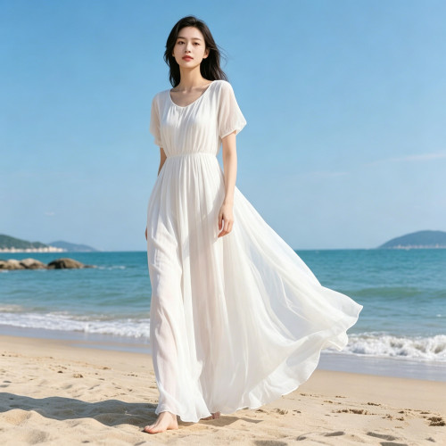 夏季白色雪纺高腰A字度假连衣裙