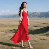 Summer new V-neck sleeveless spaghetti-strap chiffon dress for women, high-waisted and slimming, seaside vacation style vest long dress thumbnail 2