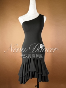 Neon Dancer 女成人拉丁舞裙 星光安娜同款 斜肩双摆连衣裙