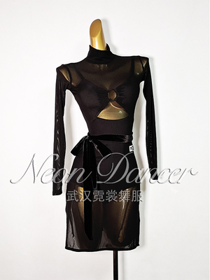 NeonDancer新款女拉丁舞练功服 星光同款网纱连衣裙+吊带连体衣
