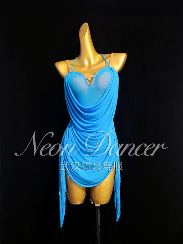Neon Dancer 新款女拉丁舞服 网纱面料大露背吊带流苏连衣裙