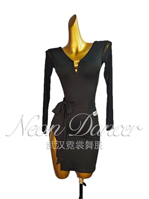 NeonDancer 新款女拉丁舞服 大露背 长袖侧开衩练功服 艺考服