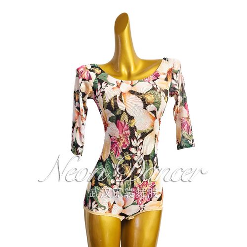 NeonDancer 新款女拉丁舞服 花色网纱连体上衣 中袖大露背上衣