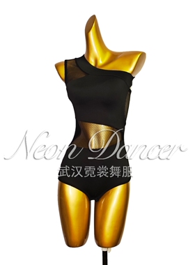 NeonDancer新款女拉丁舞练功服 星光Alika同款 斜肩拼网连体上衣