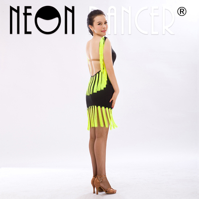 Neon Dancer 成人女专业拉丁舞练习服 表演服 大露背进口流苏裙