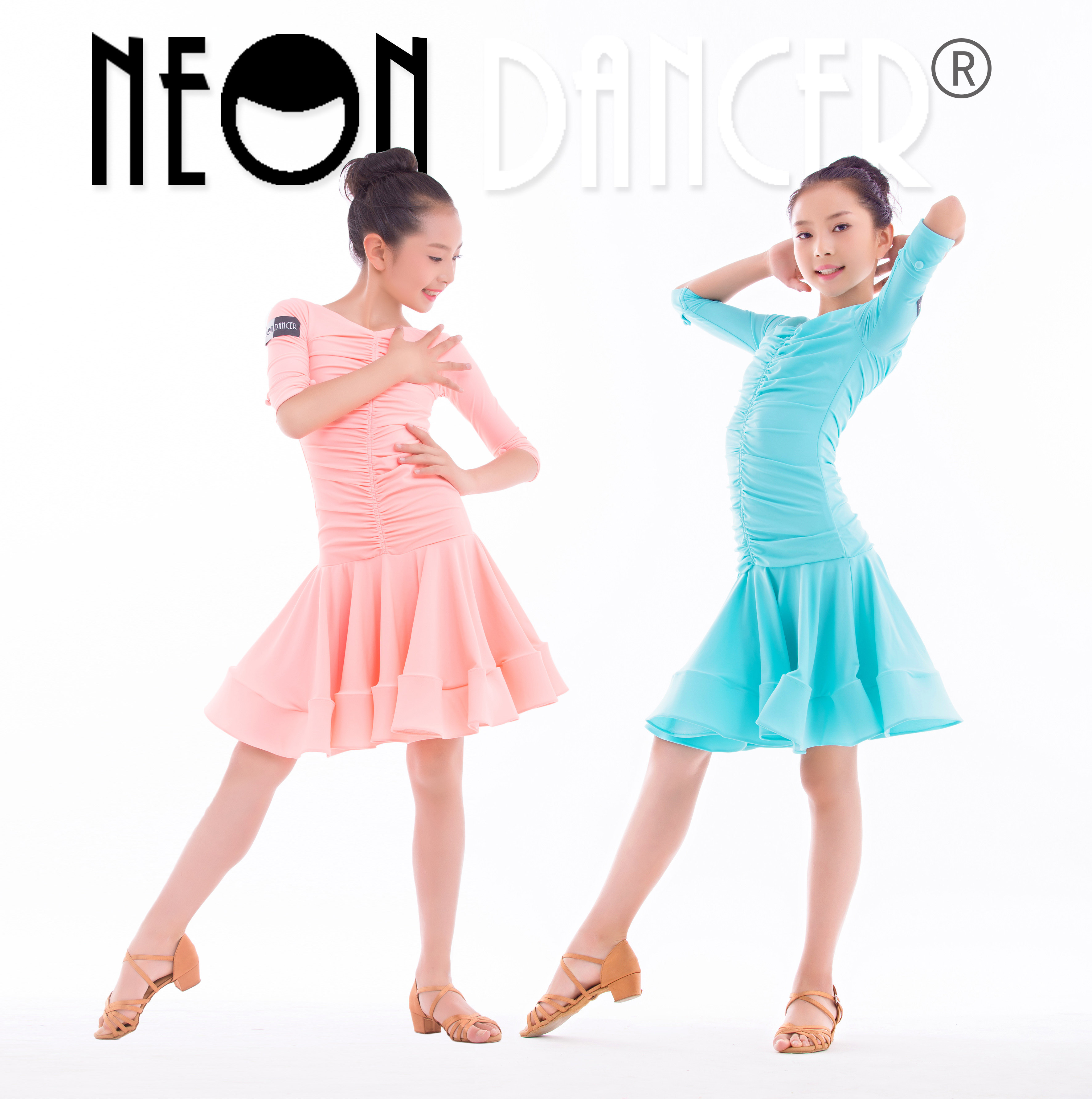 武汉霓裳舞服 少儿专业女拉丁舞比赛服规定服 前后褶皱鱼网大摆裙