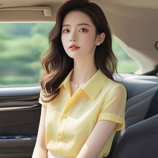 2025新款今年流行漂亮小衫法式上衣衬衣黄色雪纺短袖衬衫女款夏季