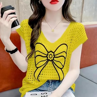 宽松显瘦冰丝v领小衫 镂空蝴蝶结针织罩衫 薄款 女夏季 防晒上衣 新款