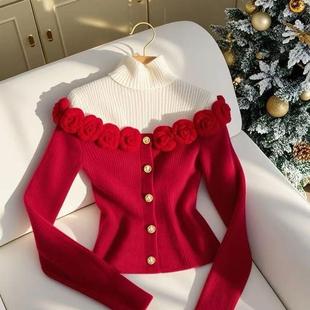圣诞红色立体花朵假两件毛衣2024冬独特漂亮高级感设计感针织上衣