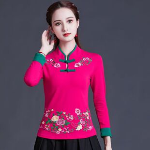 民族风女装上衣春秋装女刺绣长袖t恤女盘扣复古中国风纯棉打底衫