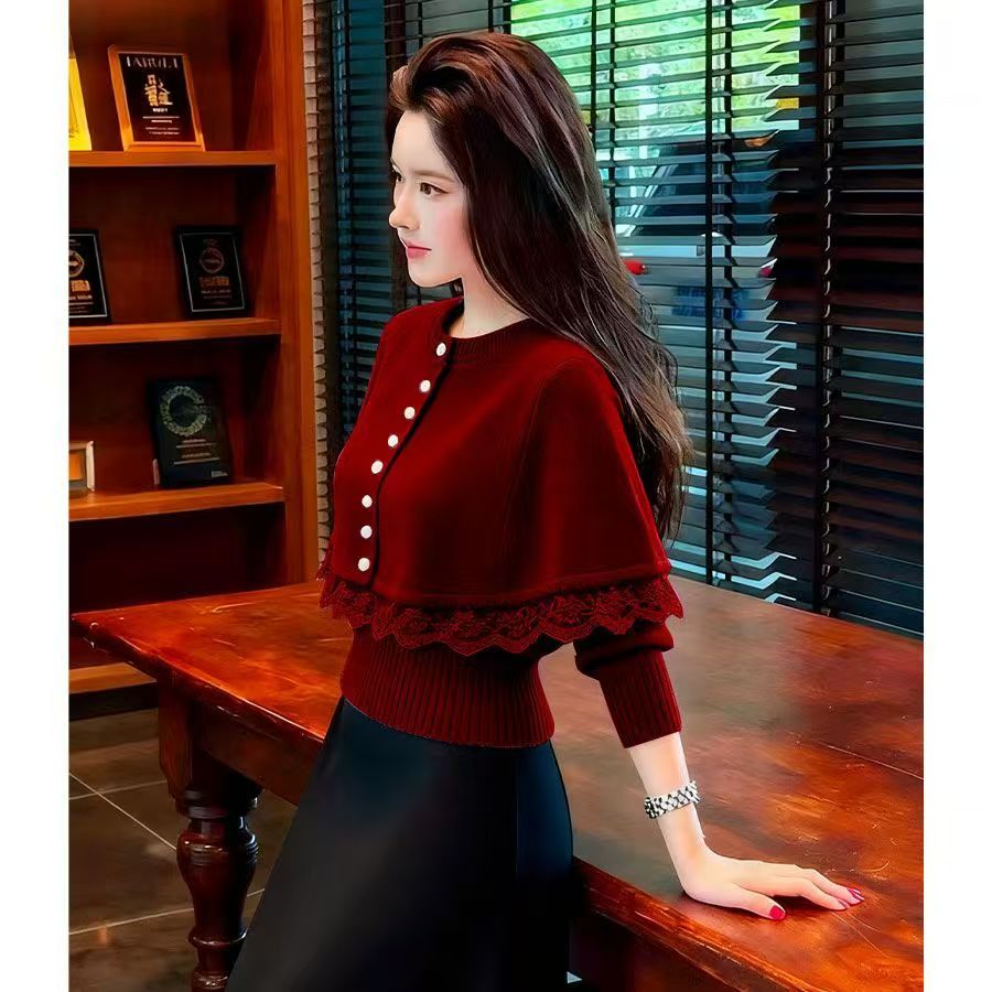 2025秋冬紫色斗篷针织衫独特绝美假两件毛衣慵懒风气质穿搭上衣女