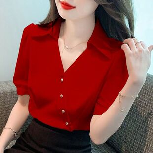 夏装新款2025年法式别致v领短袖衬衫女宽松显瘦韩版雪纺衫上衣女