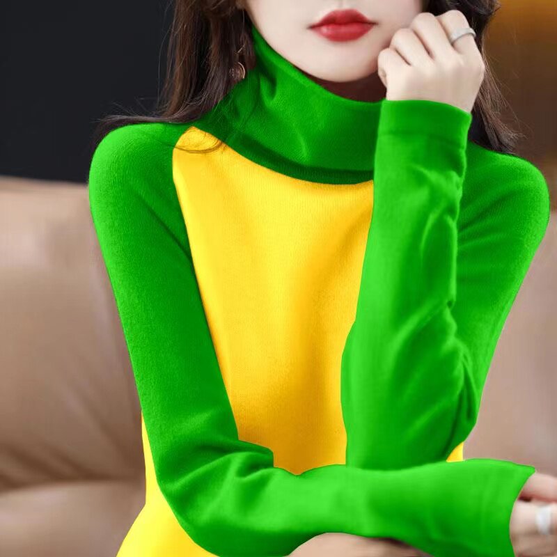 2024年春秋新款女外穿薄款长袖高领毛衣女宽松拼色针织打底上衣,女装/女士精品,毛针织衫,淘宝优惠券,粉丝福利购,淘宝优惠卷