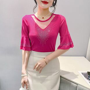 2025夏季新款网纱时尚亮丝镂空烫钻洋气性感百搭显瘦七分袖女上衣