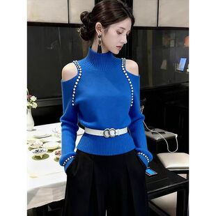 蓝色高领露肩毛衣女秋高级感独特漂亮减龄气质小香风掐腰针织上衣